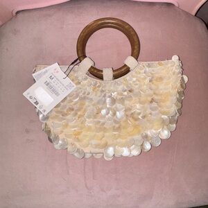 Zara Cream Sequin Clutch with Wooden Handle